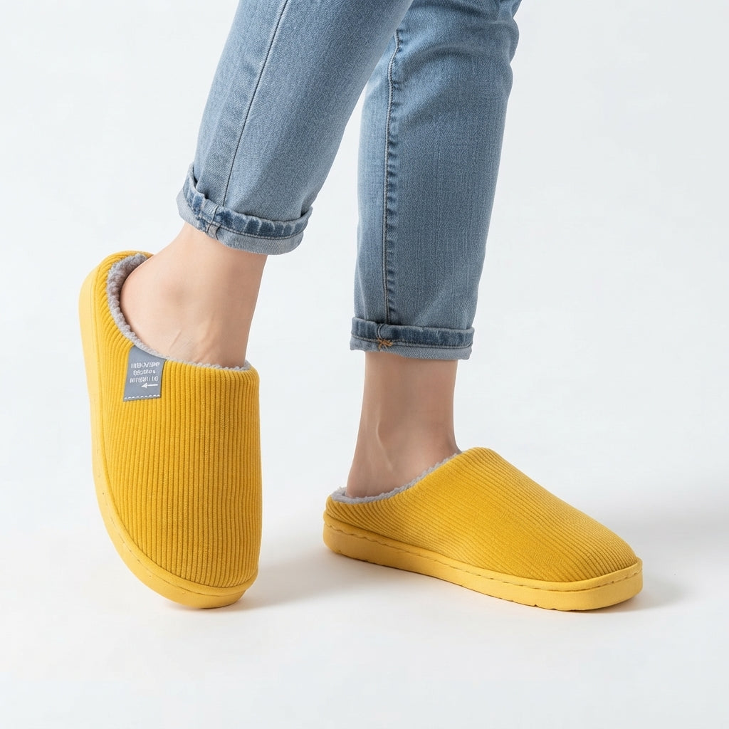 Ribbed Knit Slippers, Fleece Lined Non-Slip Grip Sole