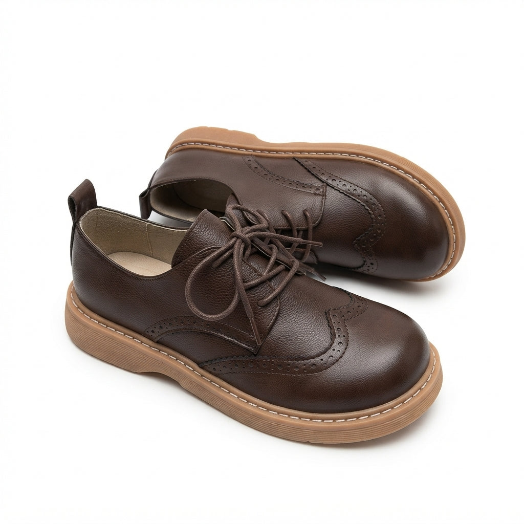 Leather Brogue Oxford Shoes, Wingtip Lace Up Platform