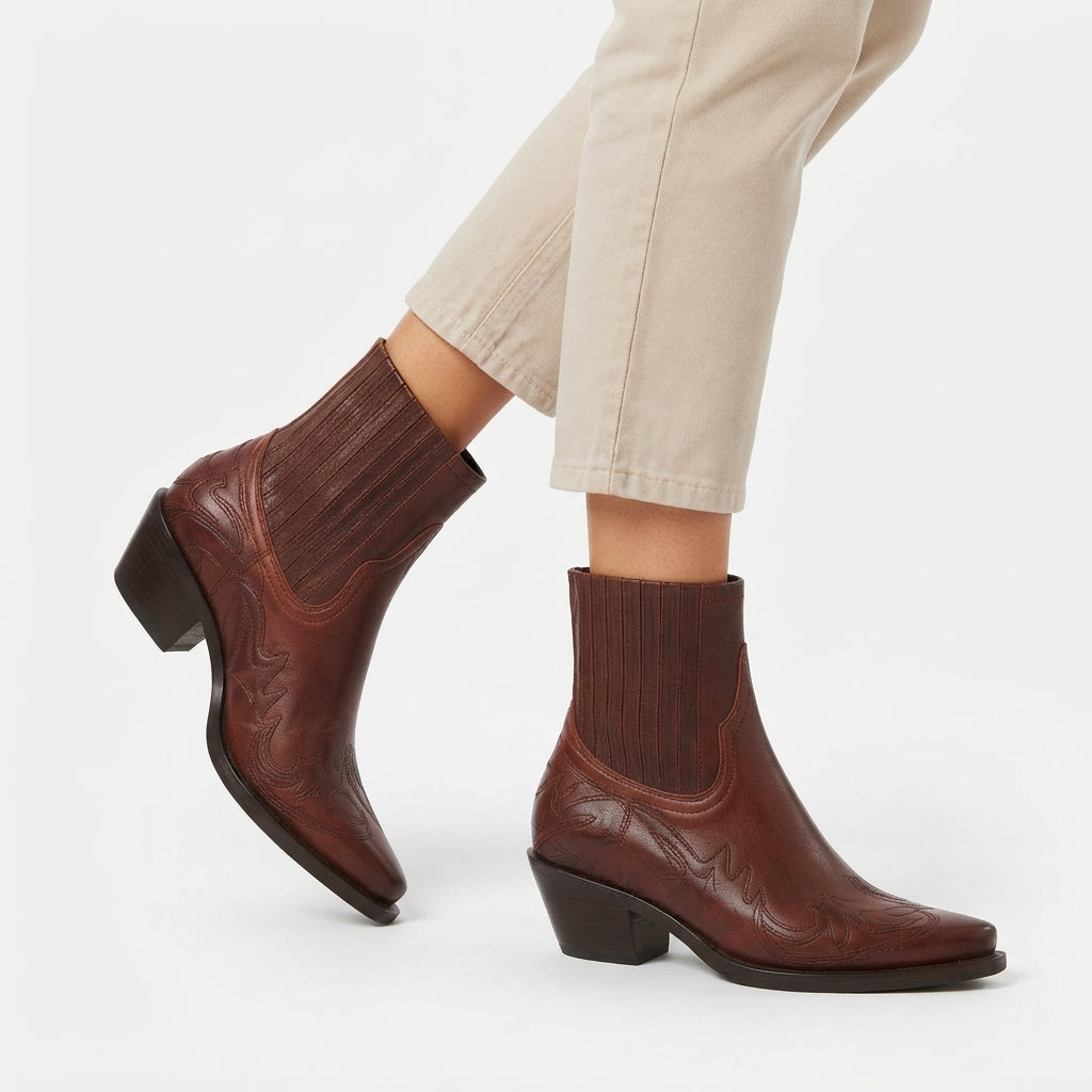 Leather Cowboy Ankle Boots, Pointed Toe Block Heel
