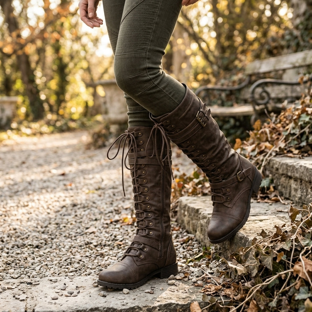 Lace Up Knee High Boots, Double Buckle Low Heel Shaft
