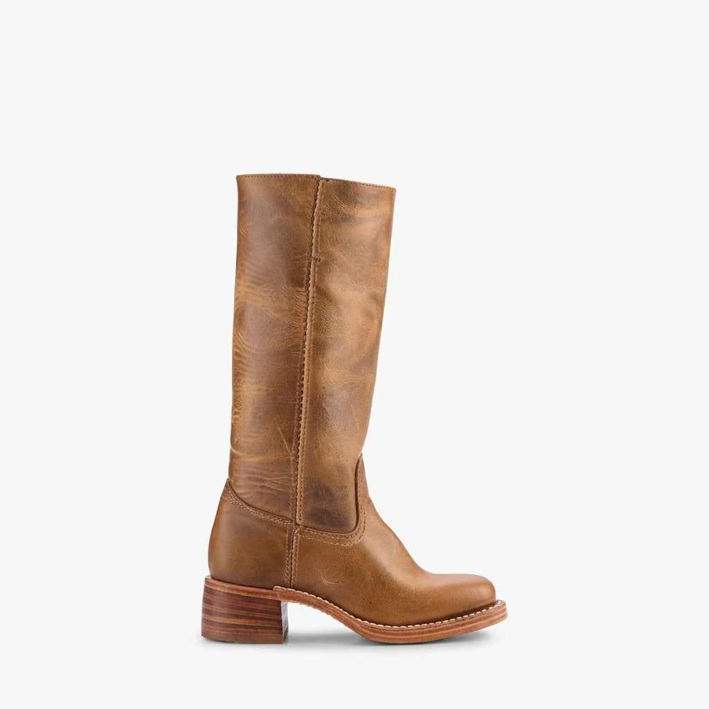 Leather Knee High Boots, Low Block Heel Zip Closure