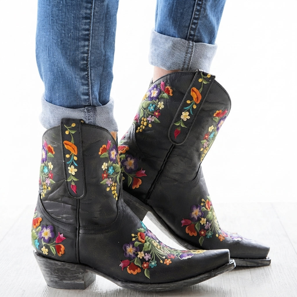 Waterproof Leather Cowboy Boots, Floral Embroidered