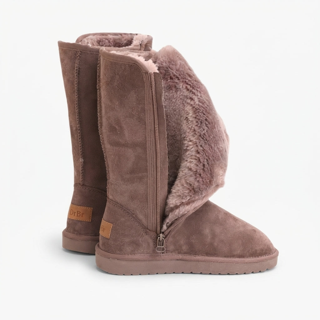Fleece Lined Knee High Winter Boots, Suede Look Zip