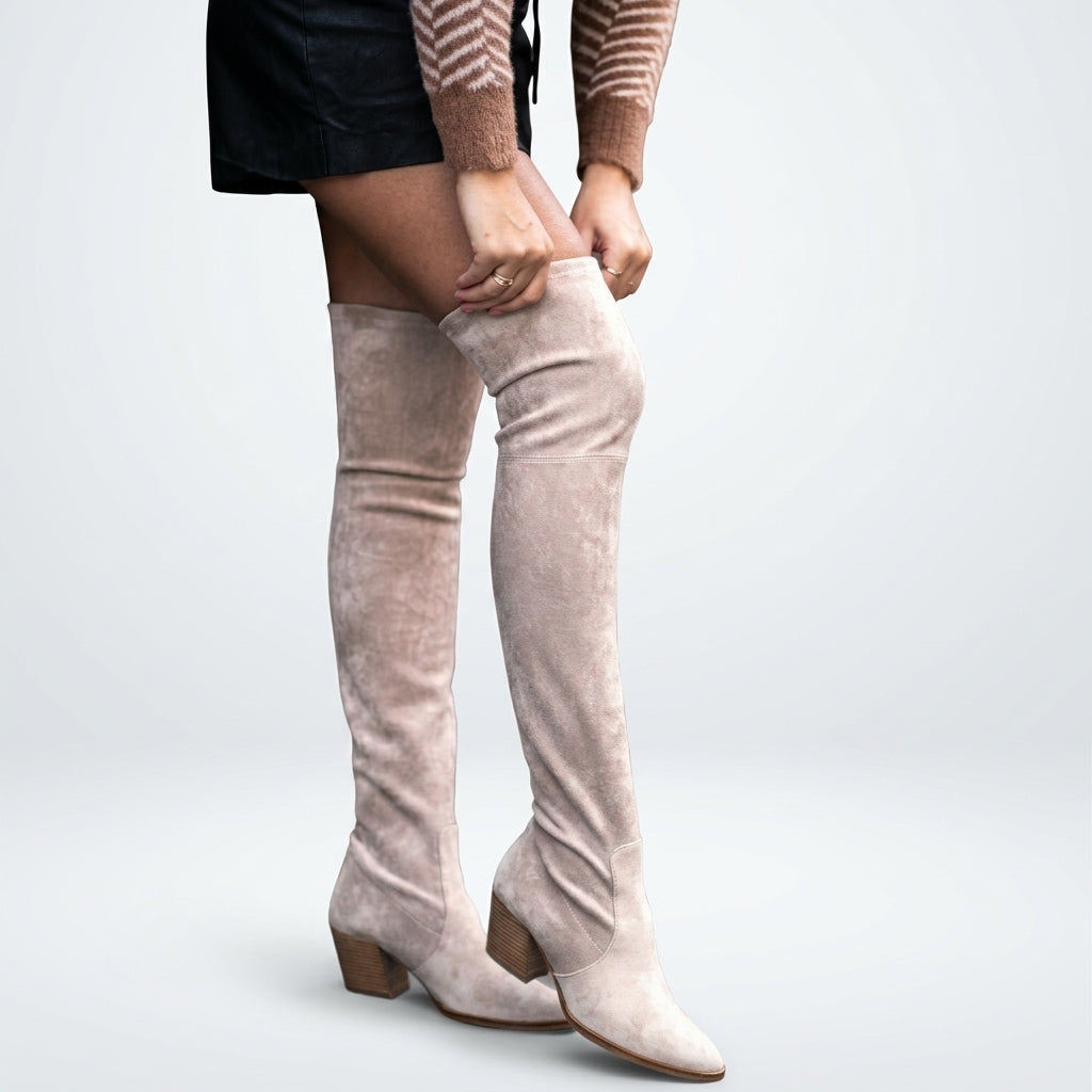 Stretch Over The Knee Boots, Beige Stacked Block Heel
