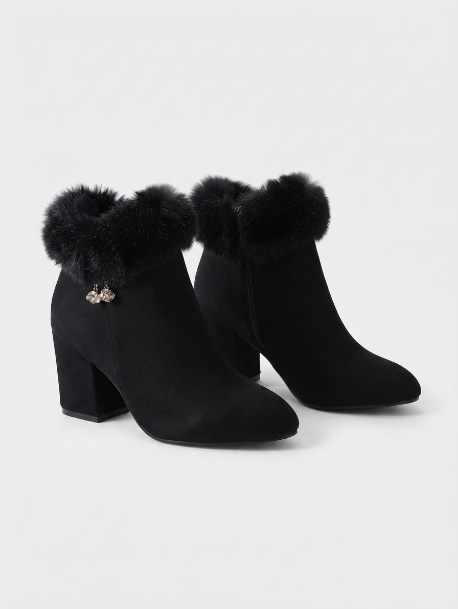 Fur Collar Ankle Boots, Block Heel Zip Up Winter Wear