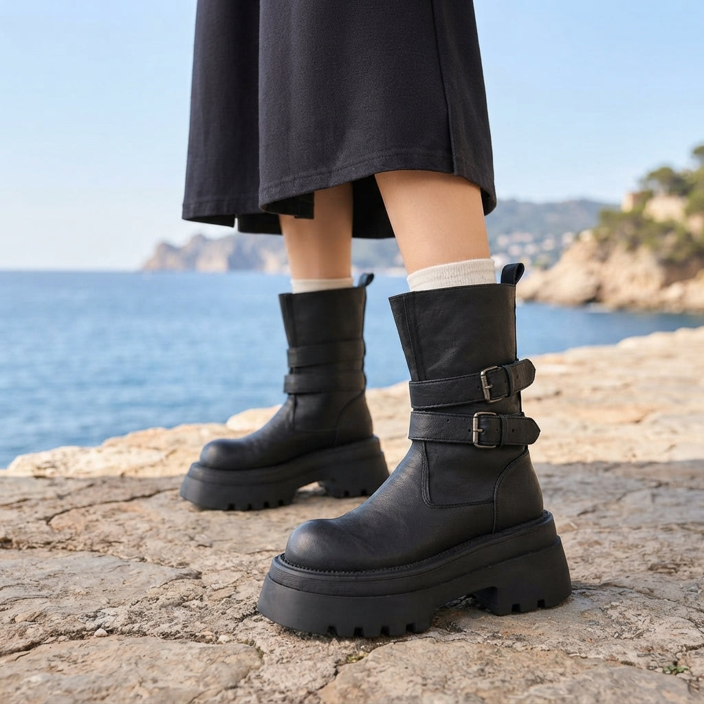 Platform Biker Boots with Double Buckle Ankle Straps
