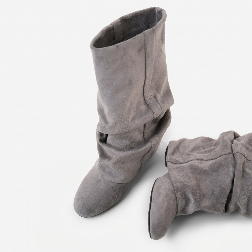 Slouch Suede Boots, Hidden Heel Round Toe Tall Shaft