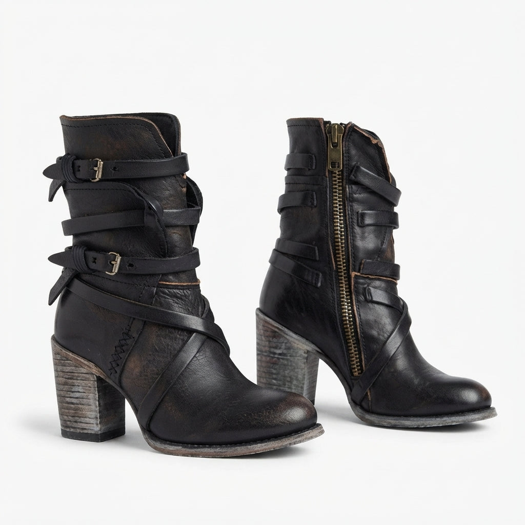 Heeled Biker Boots, Buckle Strap Lined Suede Style