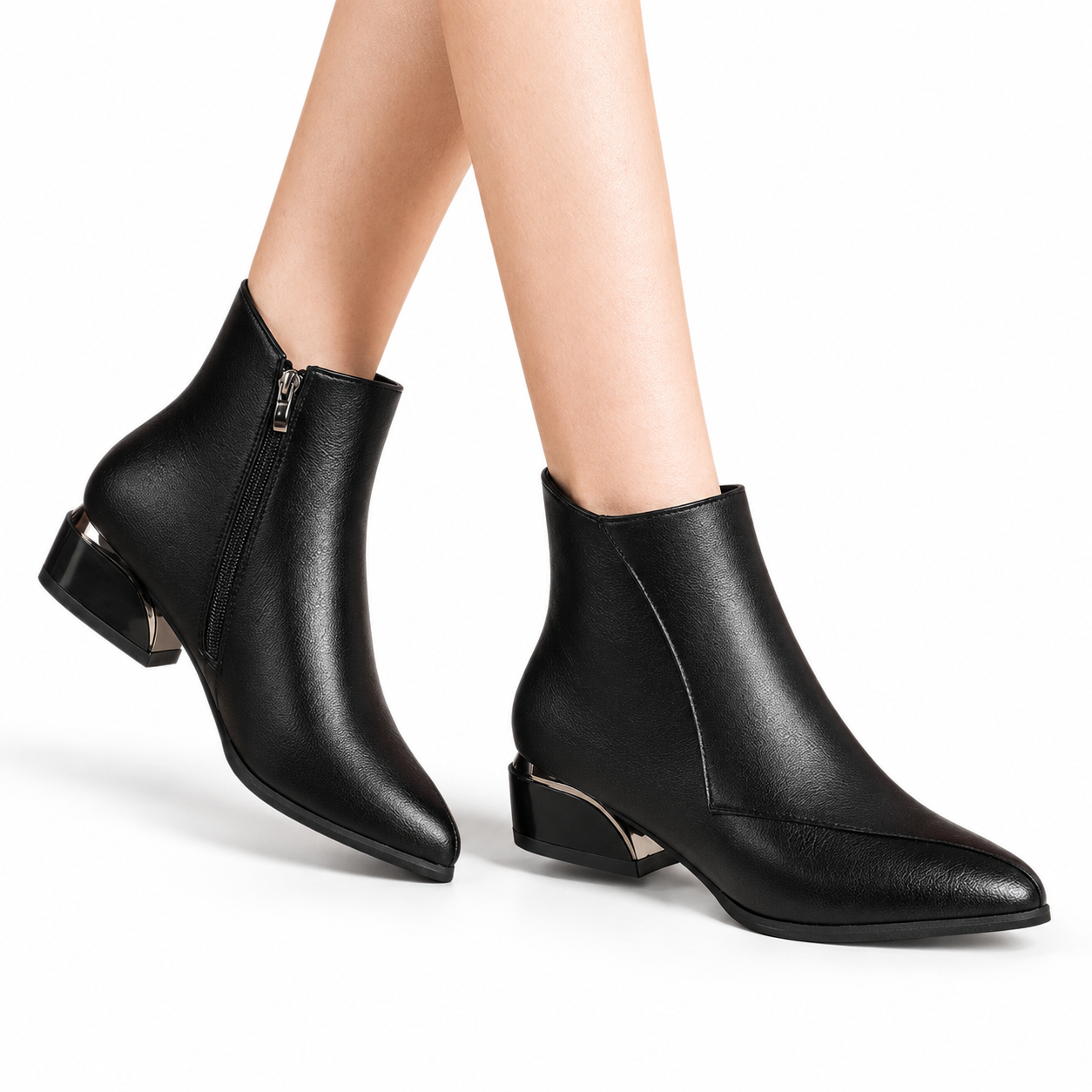 Pointed Toe Ankle Boots, Metallic Low Heel Side Zip