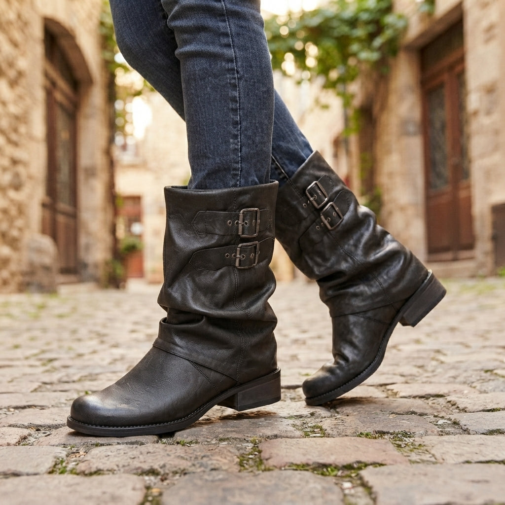 Slouch Biker Boots, Twin Buckle Round Toe Block Heel