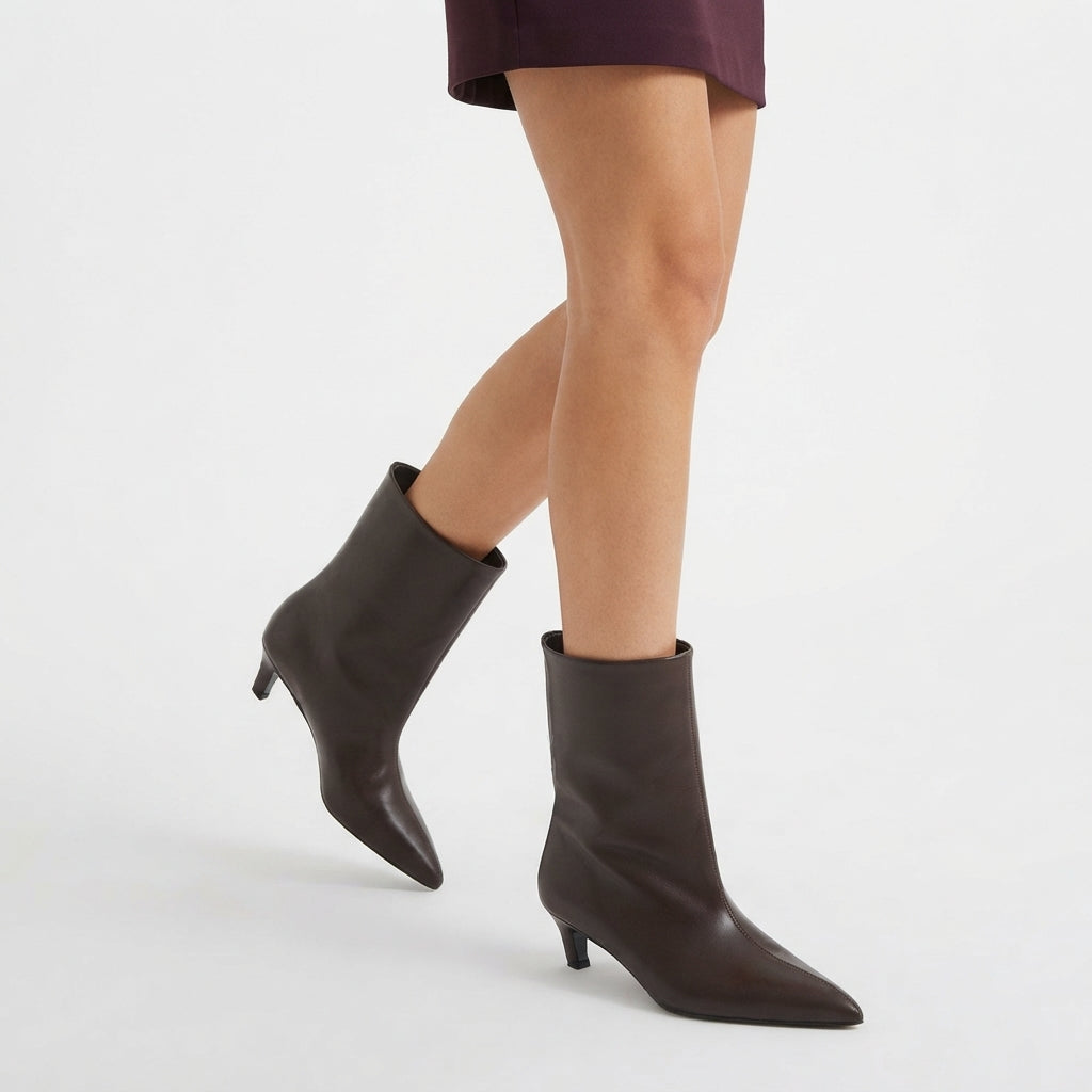 Leather Kitten Heel Ankle Boots, Smooth Sleek Pointed Toe