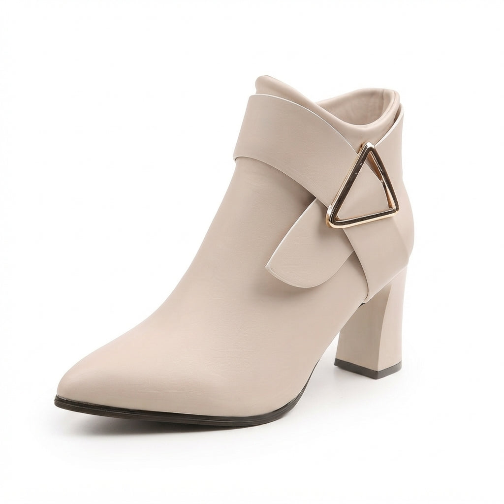 Pointed Toe Ankle Boots, Block Heel Side Zip Buckle