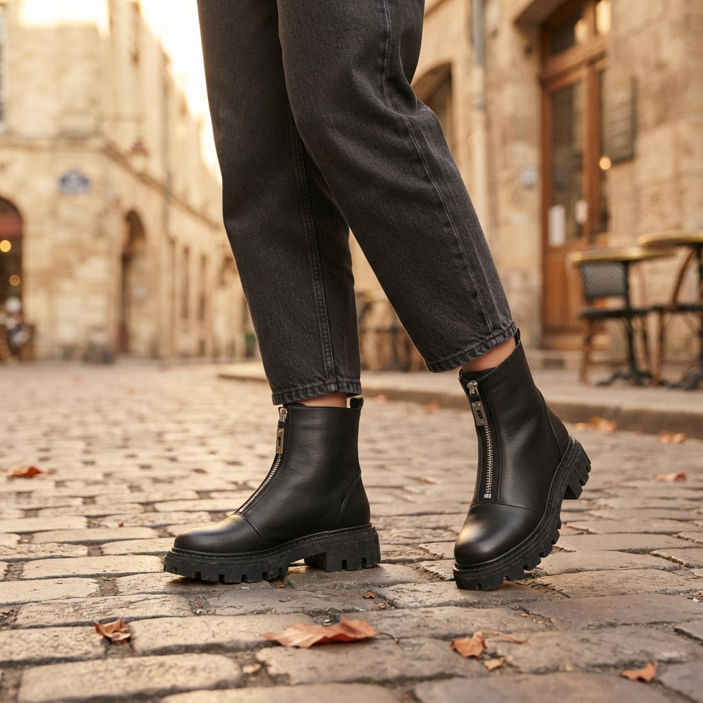 Chunky Platform Ankle Boots, Front Zip Leather Look