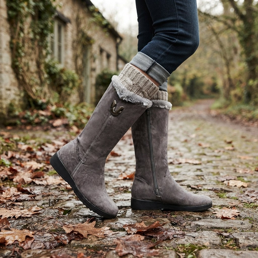Fur Lined Knee High Boots, Side Zip Warm Tall Shaft