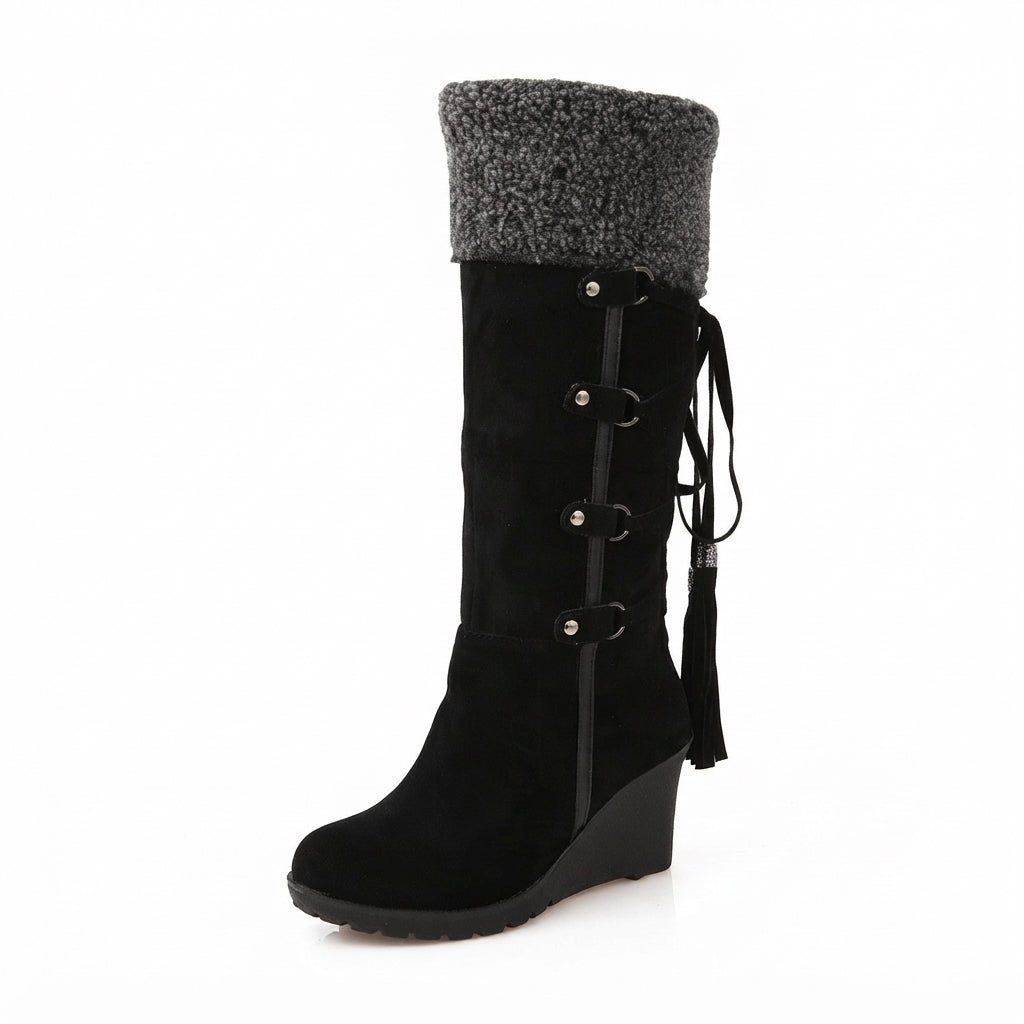 Faux Shearling Knee High Boots, Wedge Platform Sole