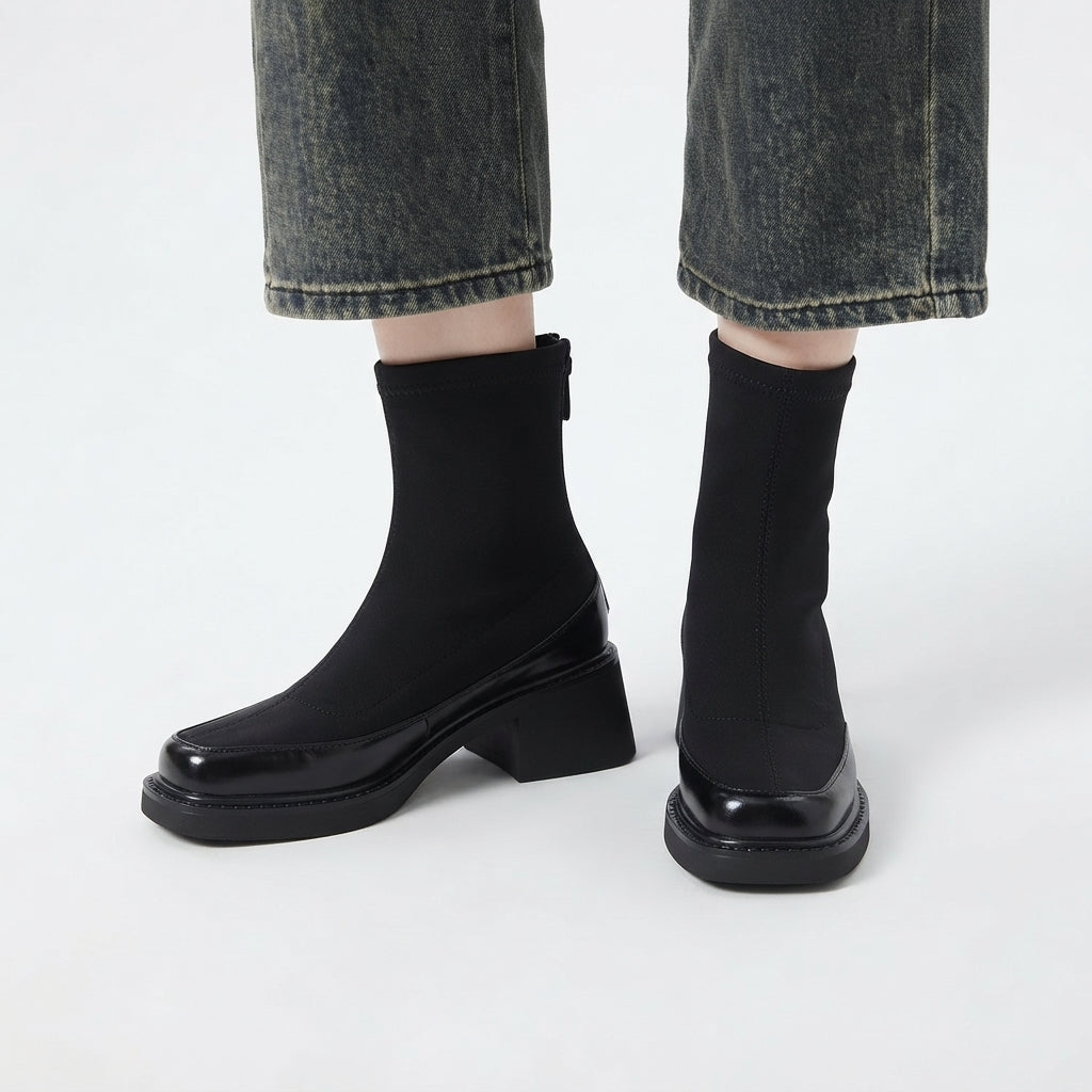 Square Toe Suede Ankle Boots, Stacked Mid Heel Zip