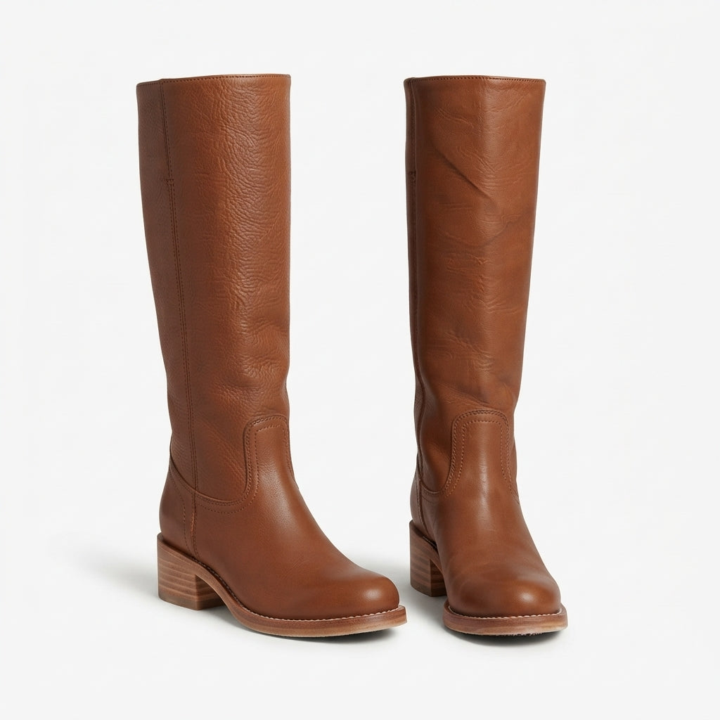Knee High Leather Boots, Round Toe Supportive Flat Sole