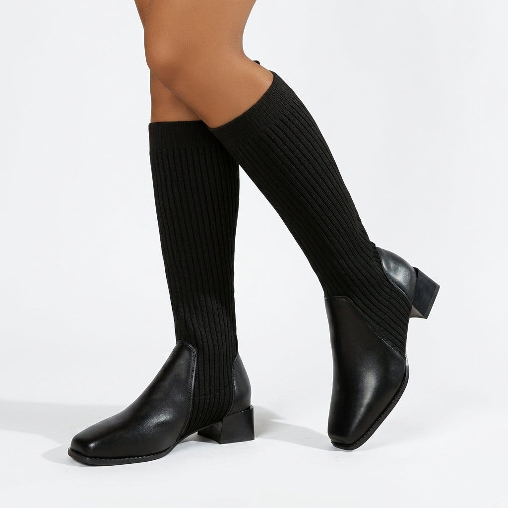Knee High Sock Boots, Ribbed Knit Shaft Block Heel