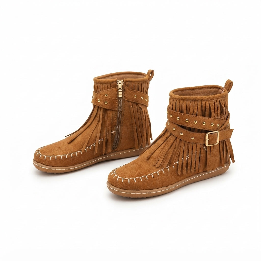 Suede Fringe Ankle Boots, Flat Moccasin Stitched Sole