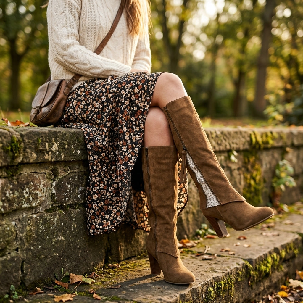 Knee High Boots with Lace Inset Zip and Folded Cuff