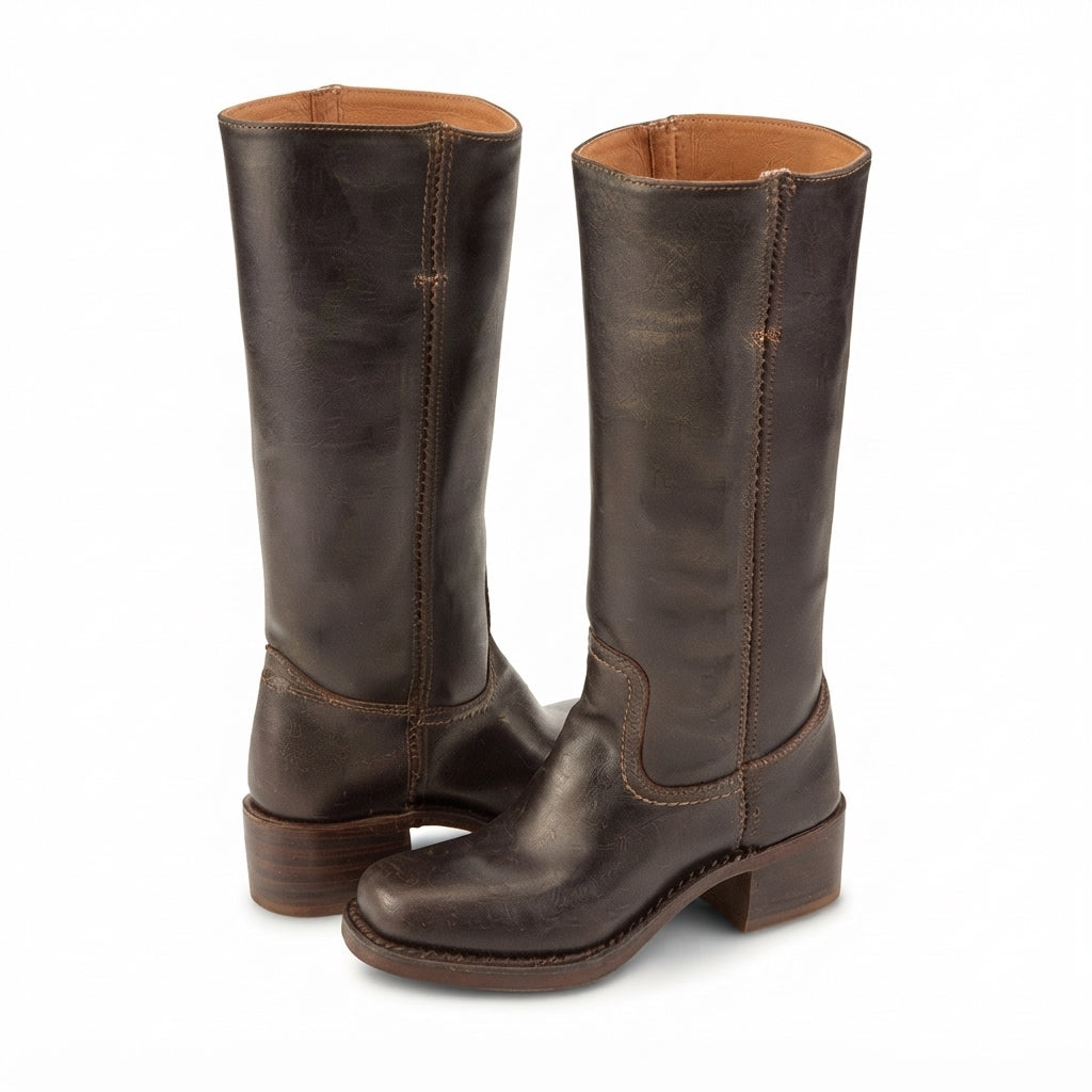 Leather Knee High Boots, Low Block Heel Zip Closure