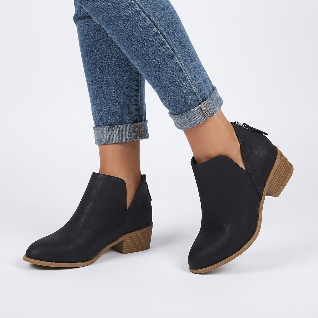 Pointed Toe Ankle Boots, Stacked Block Heel Suede Look