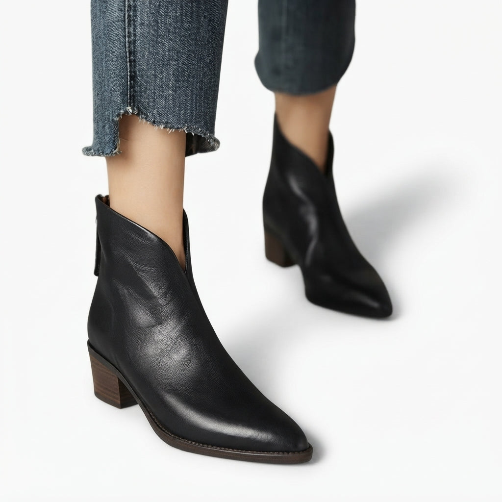 Pointed Toe Leather Ankle Boots, Back Zip Low Heel