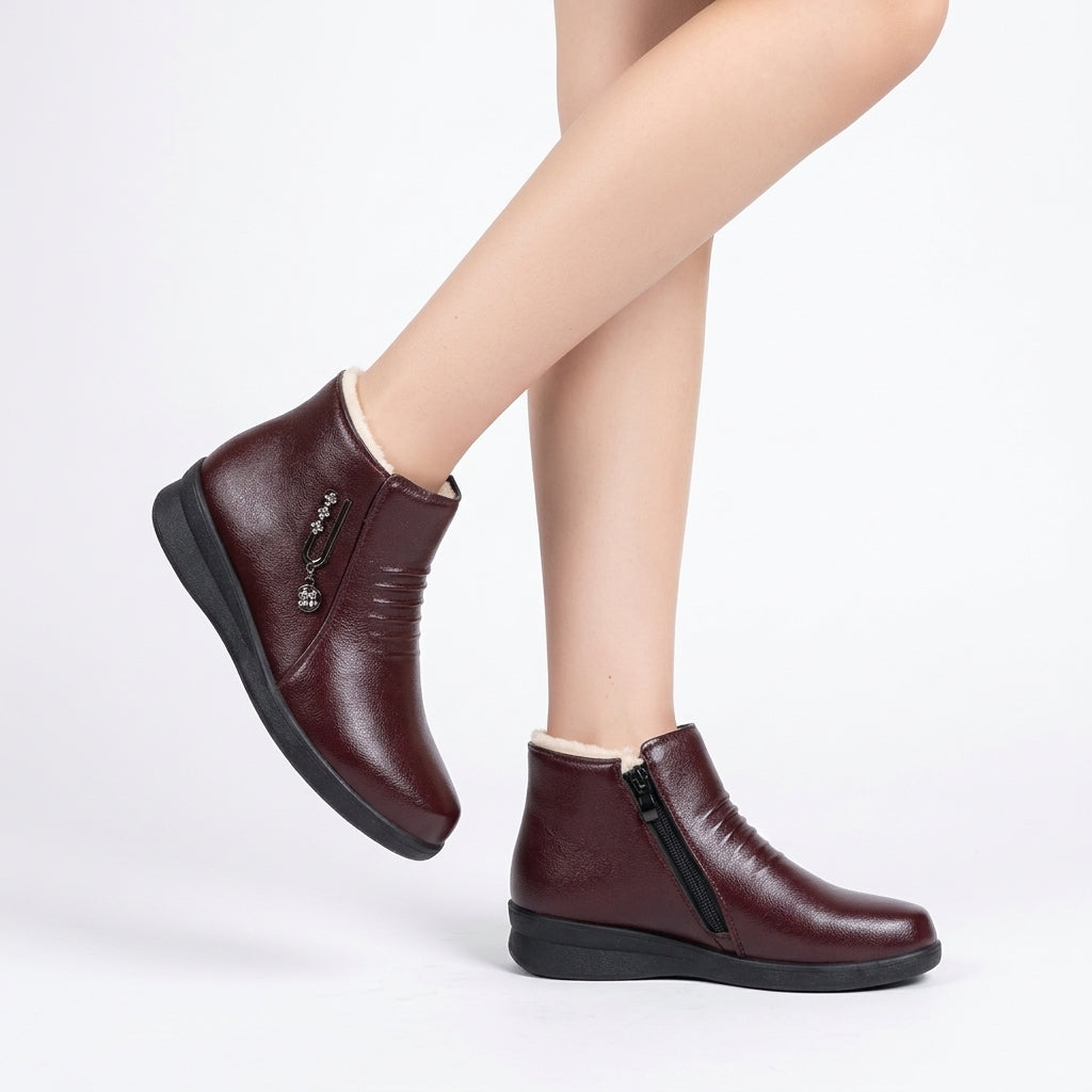 Shearling Lined Ankle Boots, Side Zip Low Block Heel