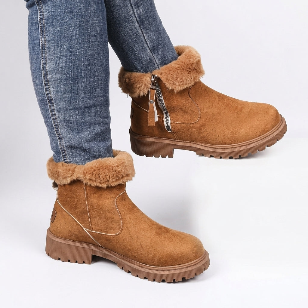 Suede Ankle Boots, Chunky Lug Sole and Fur Trim Cuff