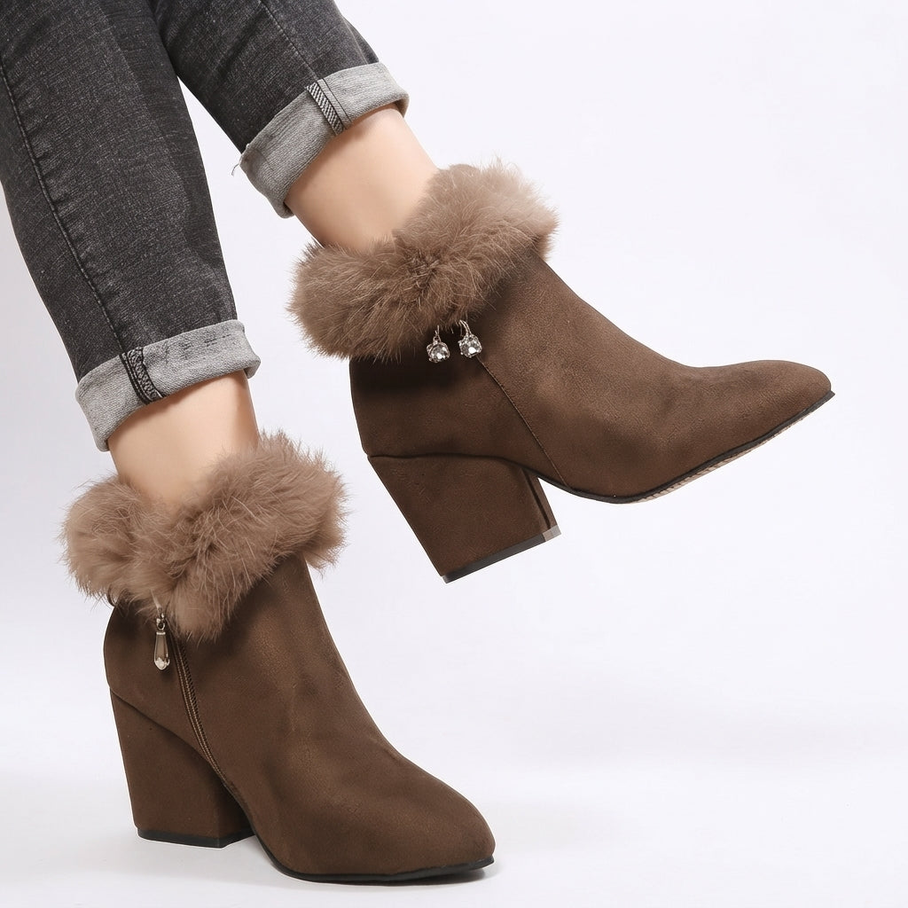 Faux Fur Trim Ankle Boots, Block Heel Warm Side Zip