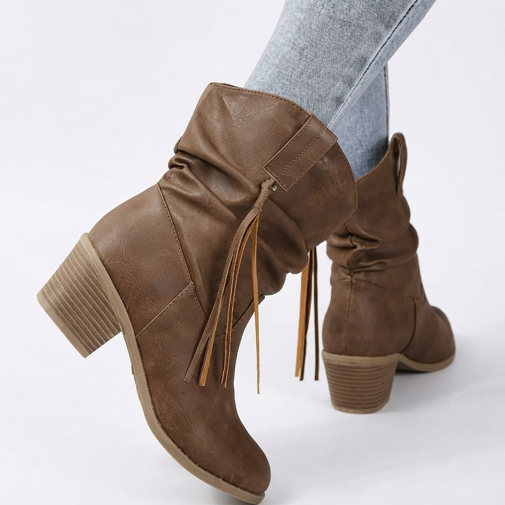 Slouch Western Boots, Braided Tassel Trim Block Heel