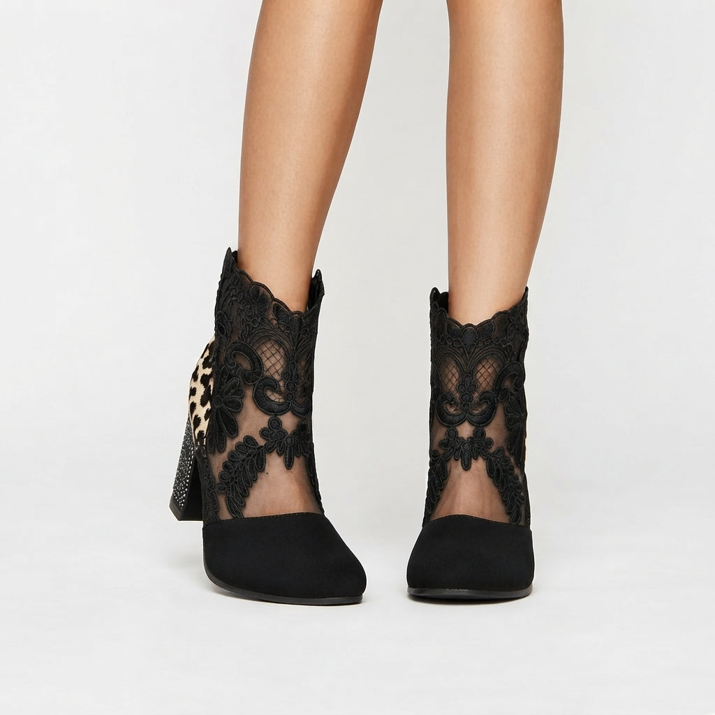 Floral Lace Ankle Boots, Wide Block Heel Padded Insole