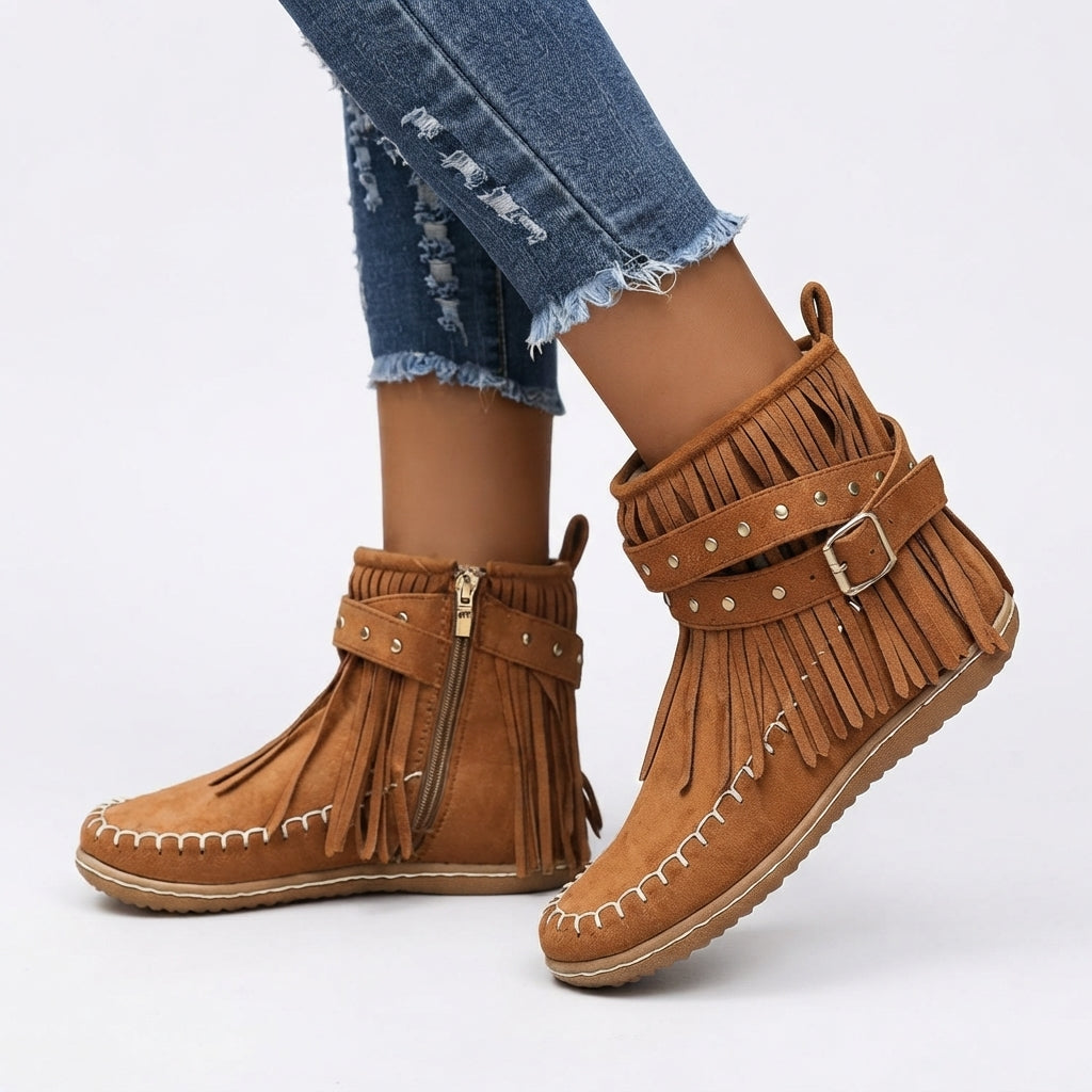 Suede Fringe Ankle Boots, Flat Moccasin Stitched Sole