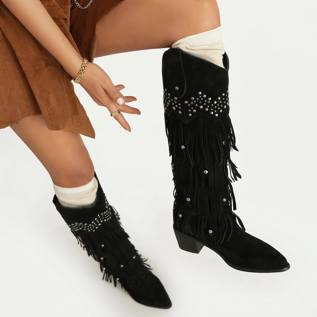 Fringe Knee High Cowboy Boots, Suede Stacked Block Heel