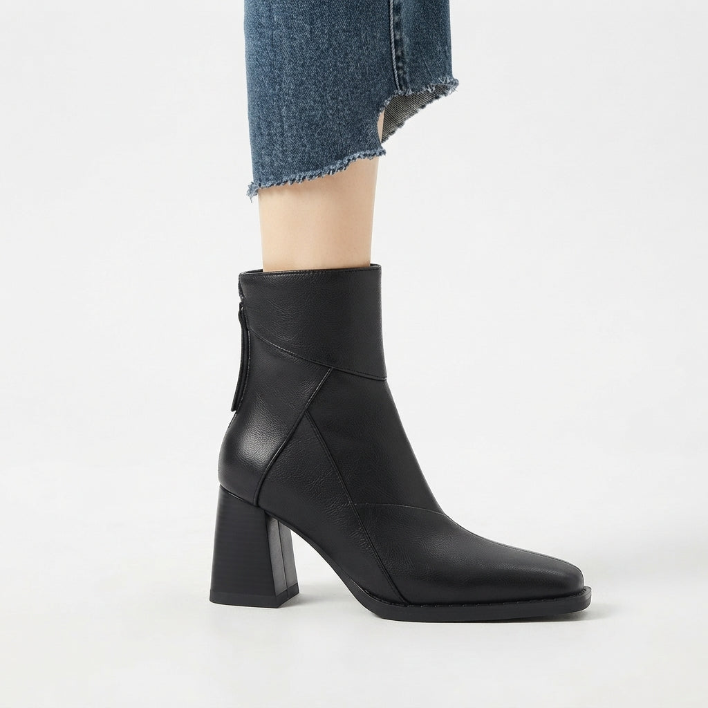 Leather-Look Ankle Boots, Side Zip Block Heel Style