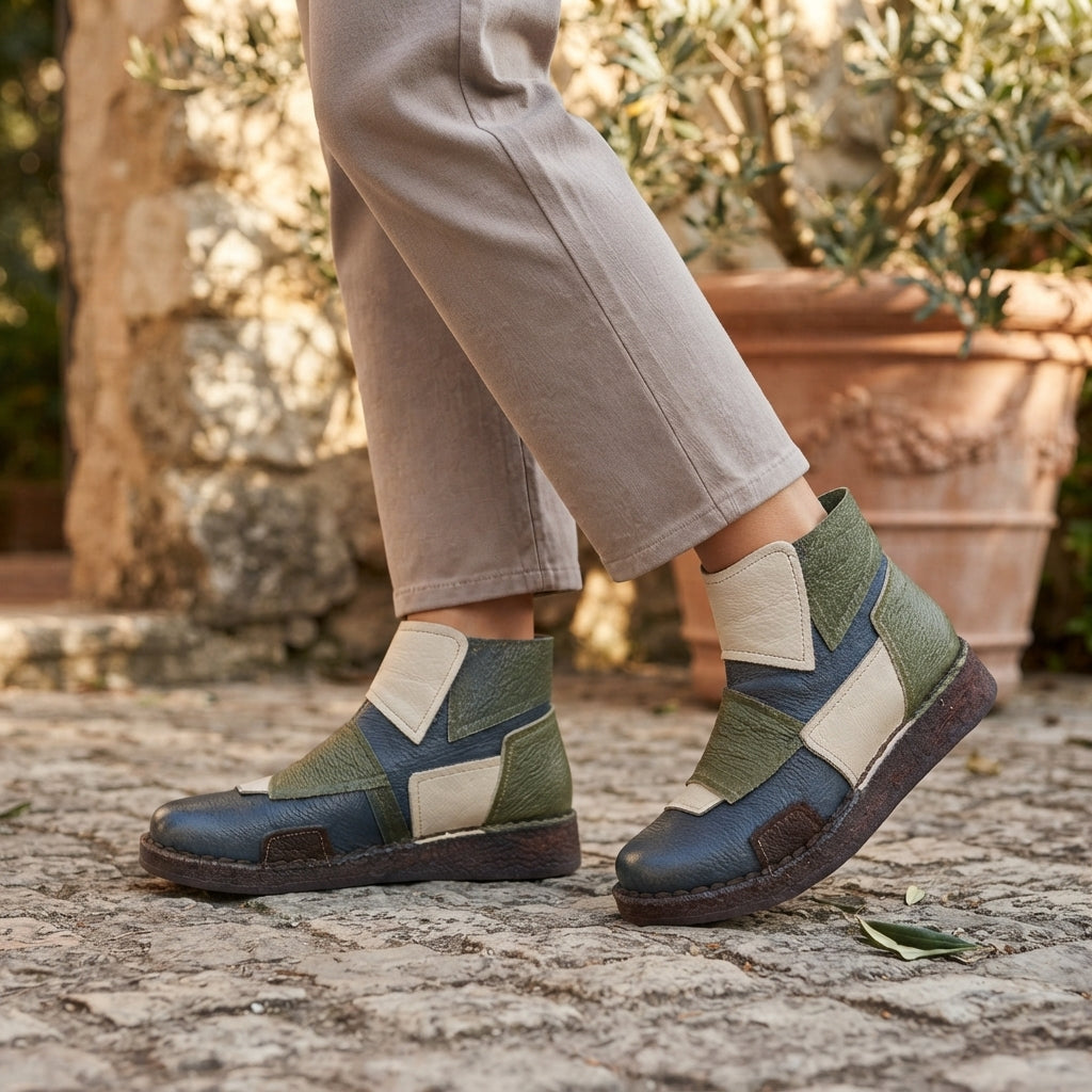 Colour Block Leather Ankle Boots, Patchwork Round Toe