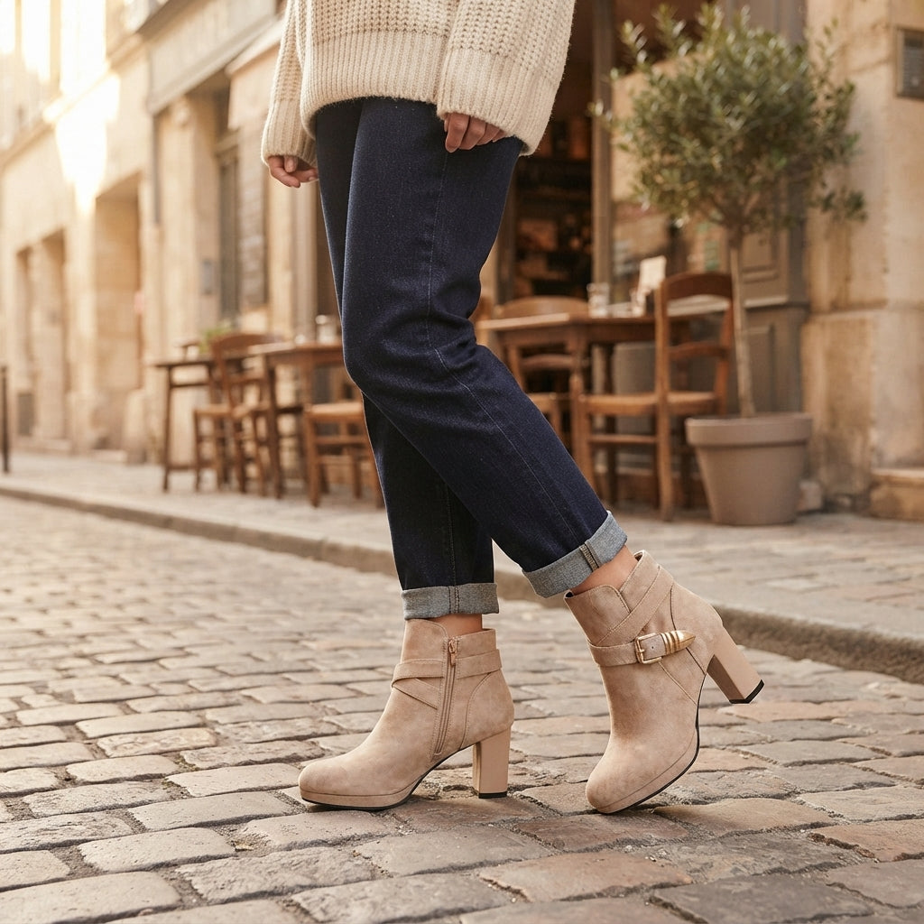 Suede Ankle Boots, Buckle Strap Platform Block Heel