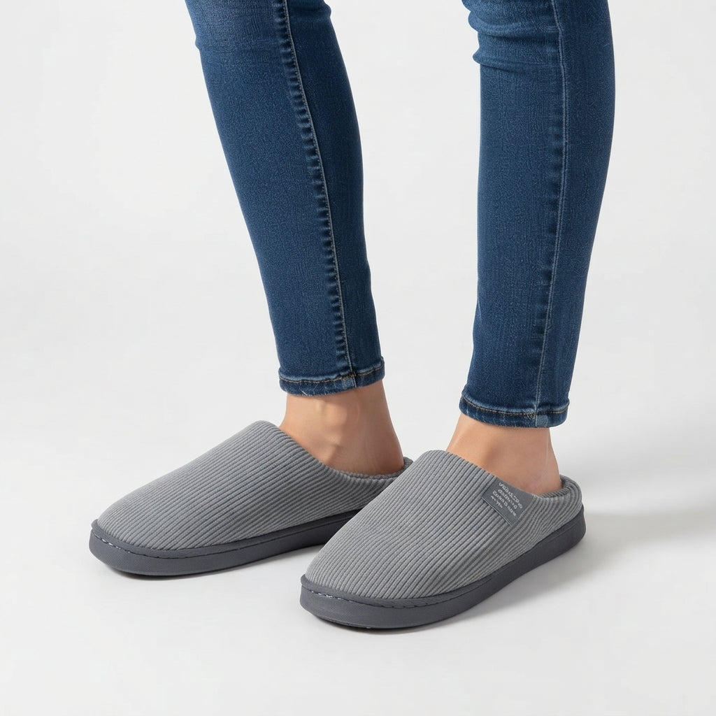 Ribbed Knit Slippers, Fleece Lined Non-Slip Grip Sole