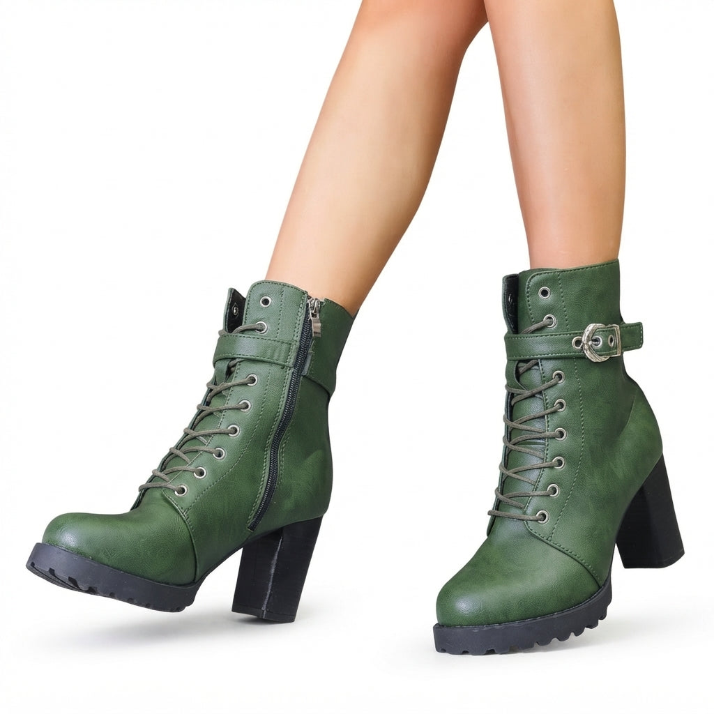 Block Heel Combat Boots, Full Lace-Up with Lug Sole