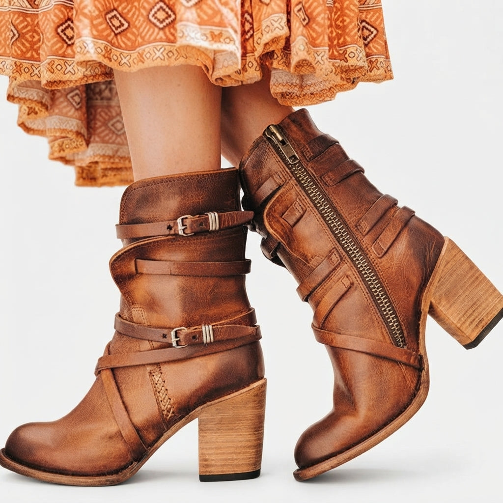Heeled Biker Boots, Buckle Strap Lined Suede Style