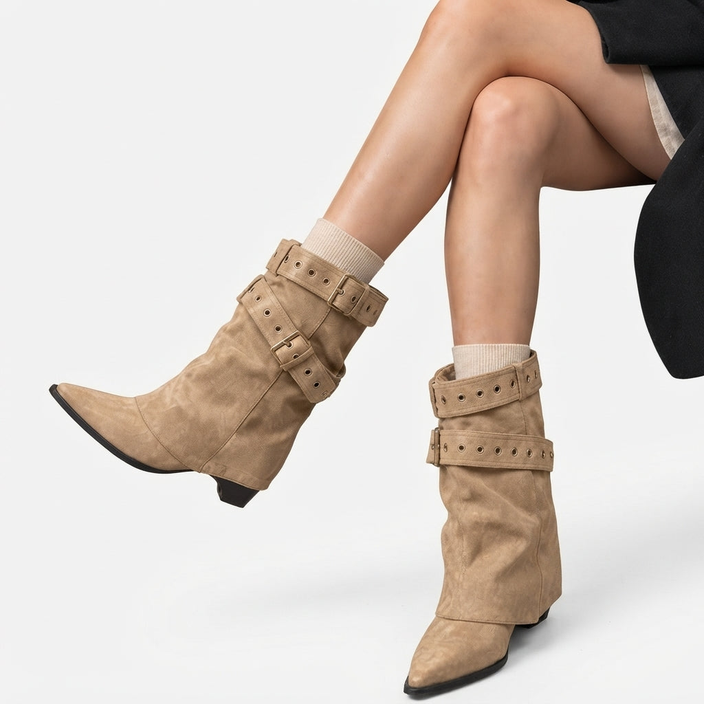 Slouch Cowboy Boots, Pointed Toe Buckle Strap Shaft