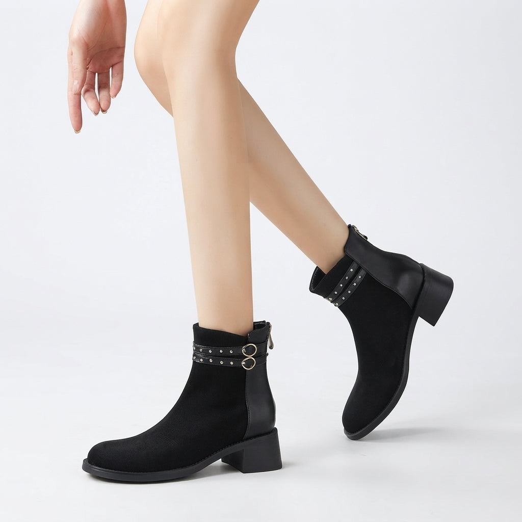 Studded Suede Ankle Boots, Double Strap Stacked Heel