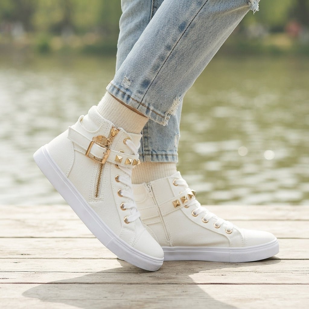 High-Top Studded Trainers, Canvas Side Zip Sneakers