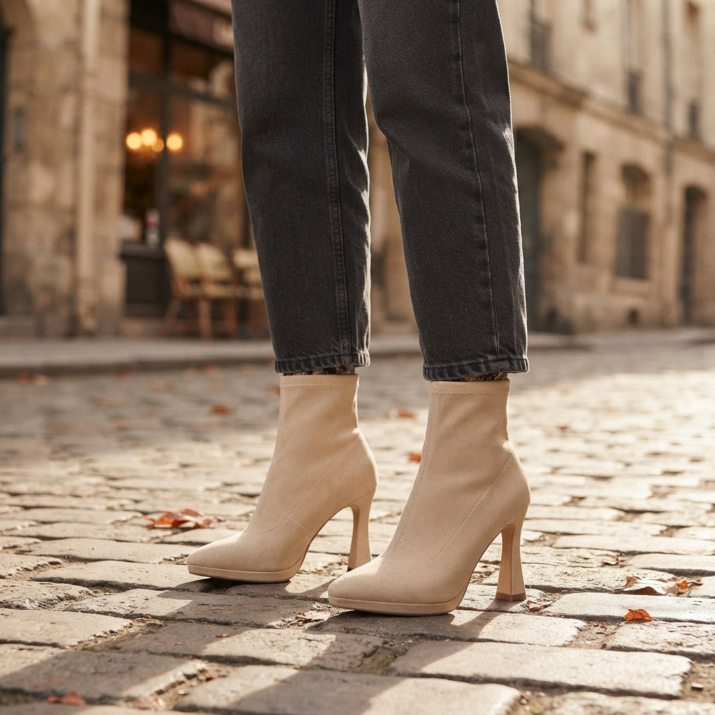 Platform Sock Boots, Stretch Upper Flared Heel Ankle