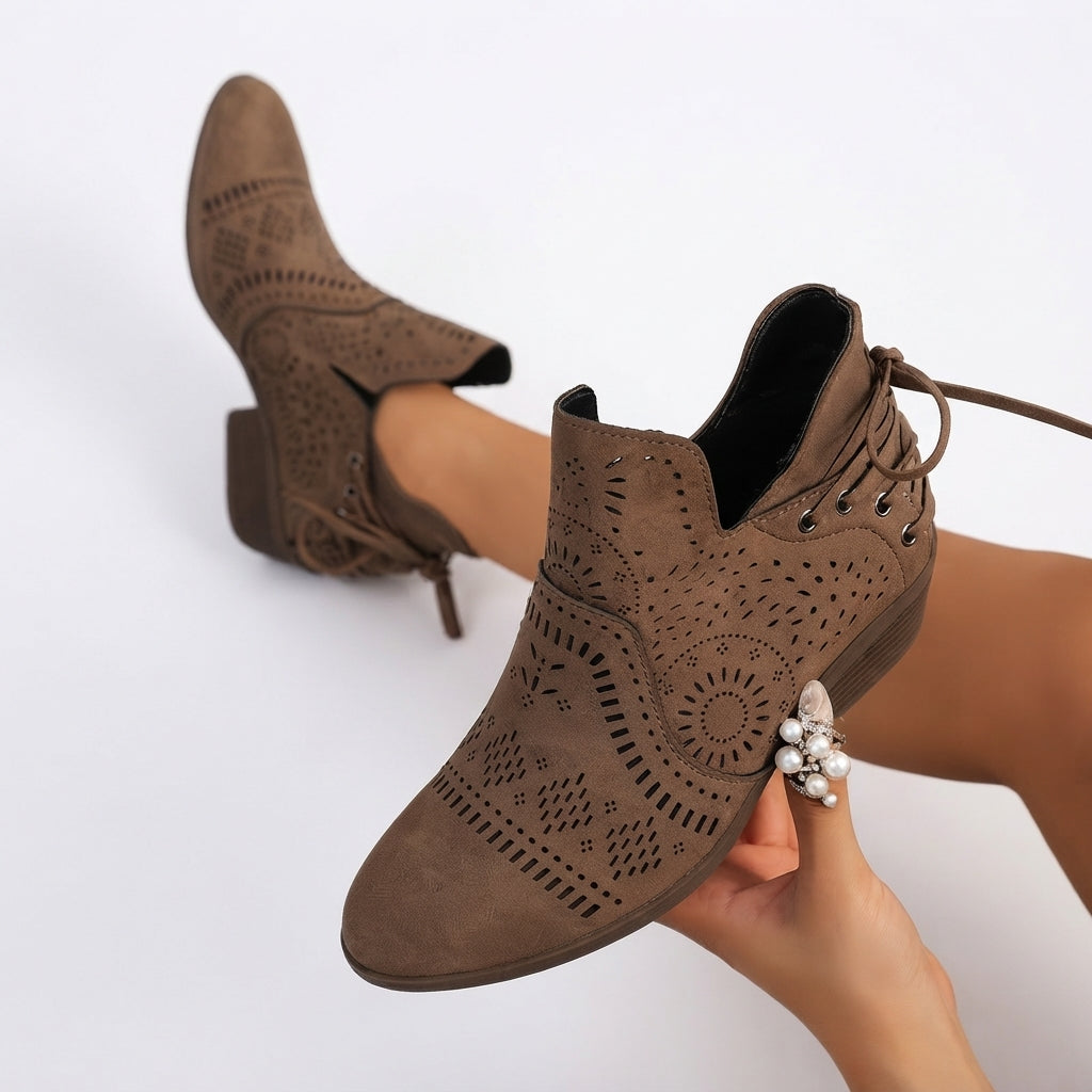 Cutout Ankle Boots, Low Block Heel Laser Cut Detail
