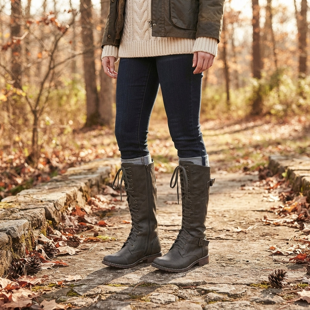 Flat Knee High Boots, Full Lace Up Orthopedic Insole
