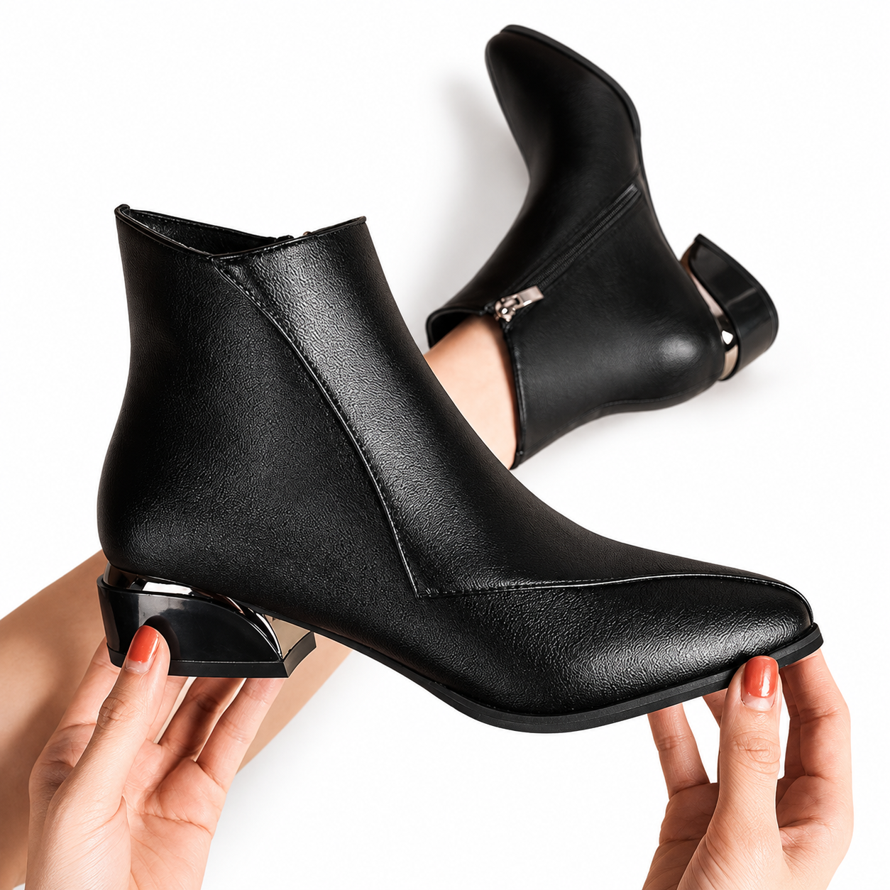 Pointed Toe Ankle Boots, Metallic Low Heel Side Zip