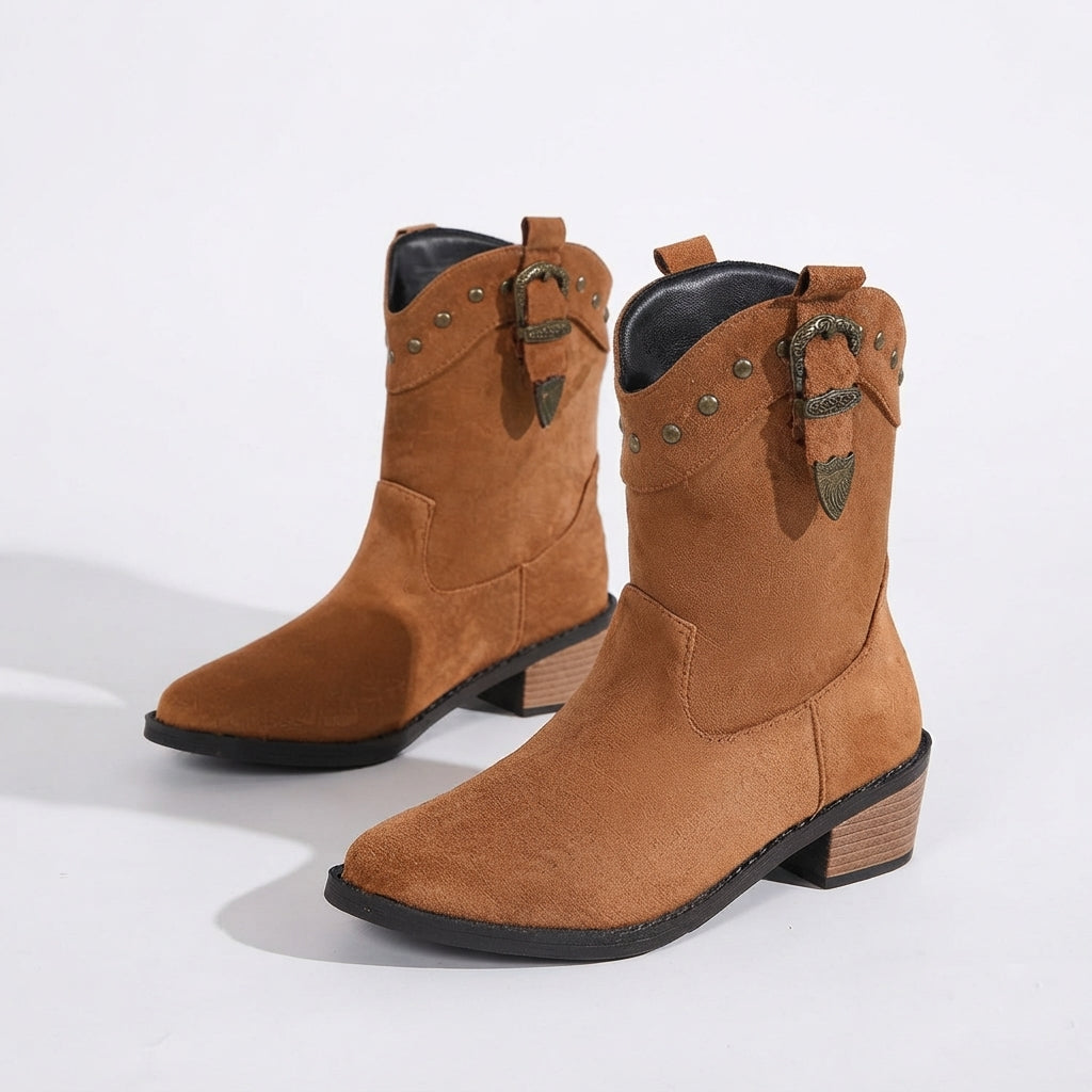 Mid Calf Cowboy Boots, Pointed Toe Studded Buckle Strap