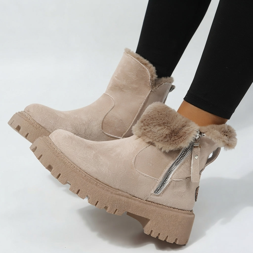Faux Fur Trim Snow Boots, Side Zip and Lug Grip Sole