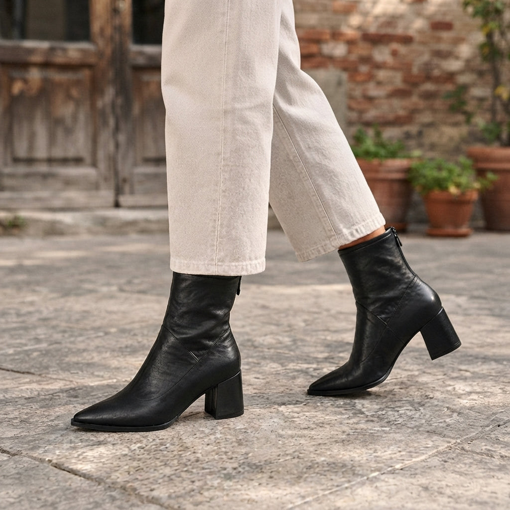 Pointed Toe Heeled Ankle Boots with Rear Zip Closure